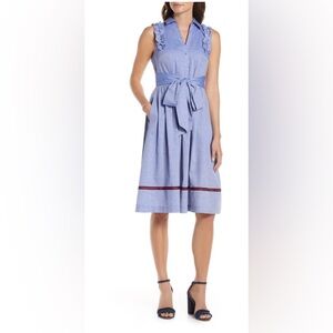 1901 Sleeveless Chambray Ruffle Trim Shirt Dress - Blue - 6